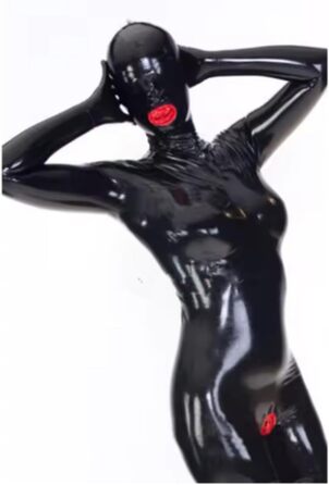 Латексні штани з капюшоном GAYLOP: комбінезон-костюм з рукавичками та шкарпетками, 3D чашки, чорний, розмір M