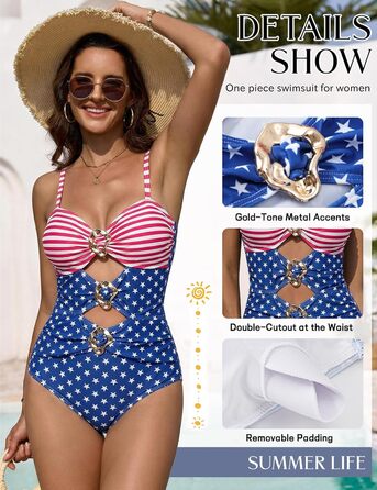 Жіночий купальник суцільний UMIPUBO Monokini з рюшами, сексуальним дизайном, колірний блок, бретелі з металевими акцентами (прапор США, розмір M)