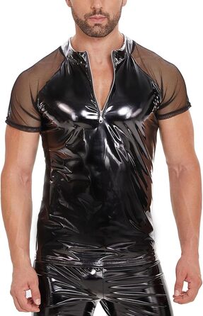 Чоловіча футболка з еластичної шкіри SDGHH-8MMDM, великі розміри, блискучий PVC, прозора сітка, латекс, чорний, 5XL