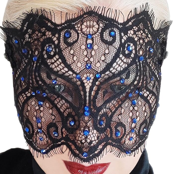 Чорна мереживна маска для жінок з кристалами - елегантна венеціанська маска для карнавалу, вечірки в готичному стилі, косплею та особливих подій - ручна робота (чорний колір з блакитними стразами)