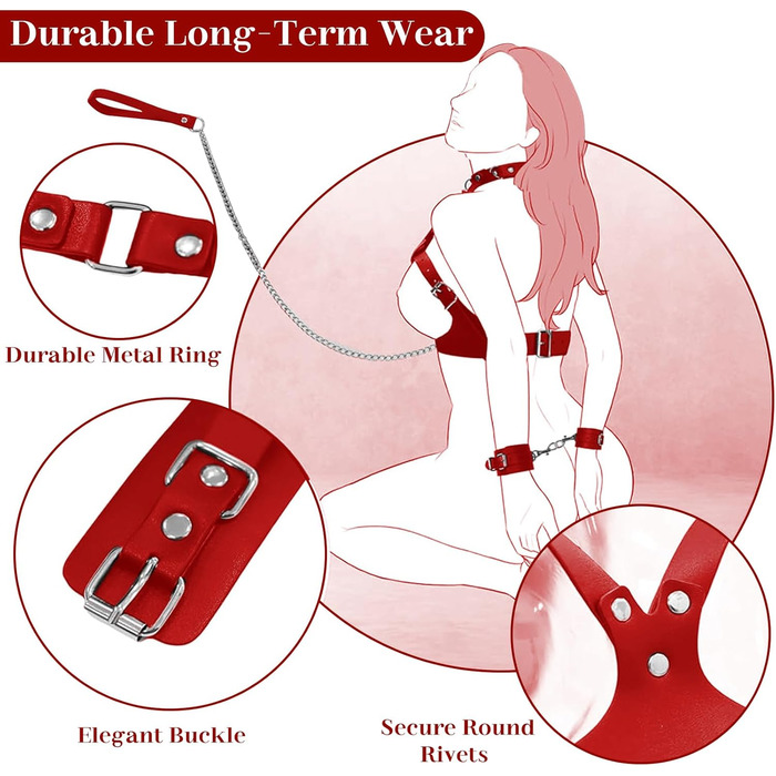 Набір BDSM 6-в-1: наручники, шлея для тіла, чіп, батіг, маска для очей, мотузки для фіксації. Для пар. Червоний колір.