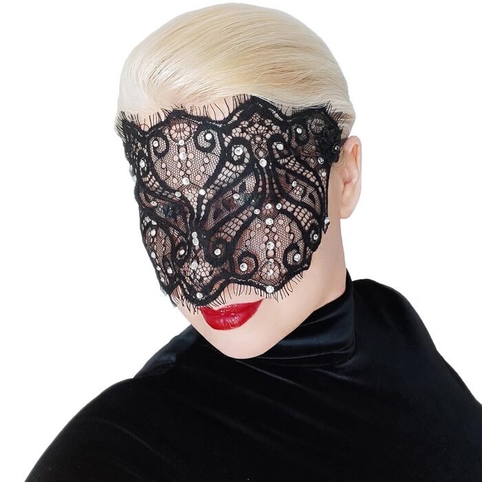 Чорна мереживна маска для жінок з кришталевими стразами - елегантна венеціанська маска для маскараду, готичної вечірки, косплею, карнавалу та особливих подій - ручної роботи, чорна маска для жінок (з прозорими стразами)