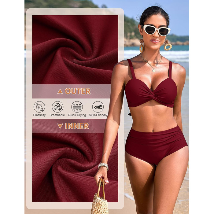 БІКІНІ ЖІНОЧИЙ ДВОШТУЧНИЙ З ВИСОКОЮ ТАЛІЄЮ, ПУШ-АП, З V-ПОДІБНИМ ВИГІНОМ, БУРГУНДІ, M