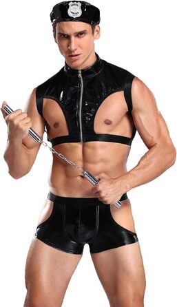 Чоловічий сексуальний костюм поліцейського з імітації шкіри, комбінезон Onesie, для косплею та сцени