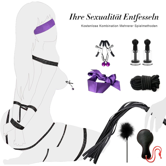 Набір для БДСМ: кайдани, наручники, анальний плагін, кліпси для сосків, плетіння, маска для очей, 28 шт. (фіолетовий)
