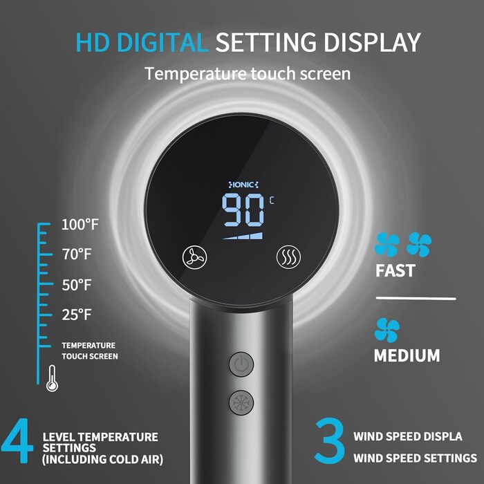 Іонний фен для сушіння волосся 1500W з тачскріном, дифузором та HD-дисплеєм, 4 температурні та 3 швидкісні режими, Dark Grey