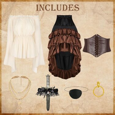 Костюм пірата для хлопчика: корсет у стилі Ренесансу, спідниця стимпанк, топ, аксесуари пірата, повний комплект для Хелловіну (M, Коричневий)
