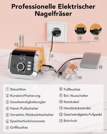 Професійний апарат для манікюру та педикюру HOMEASY, 45 000 об/хв, з ножною педаллю, для гель-нігтів, помаранчевий