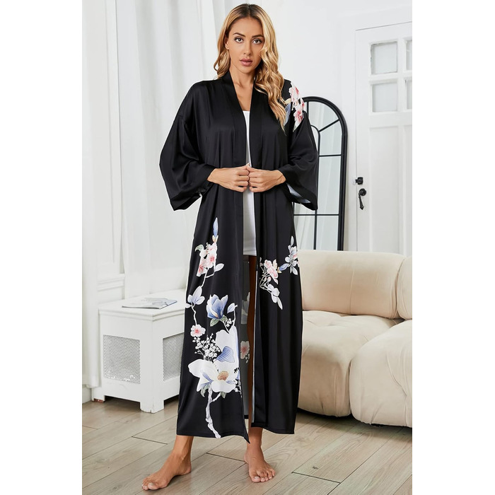 Жіночий шовковий халат-кімоно Moreone з квітковим принтом, довгий, атласний, для нареченої та дружок, нічна сорочка (Чорний, 6)