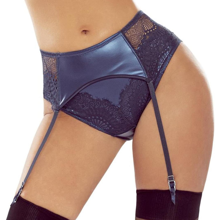 Гартер для панчох темно-синій, Wetlook з мереживом, S-M, з гачками