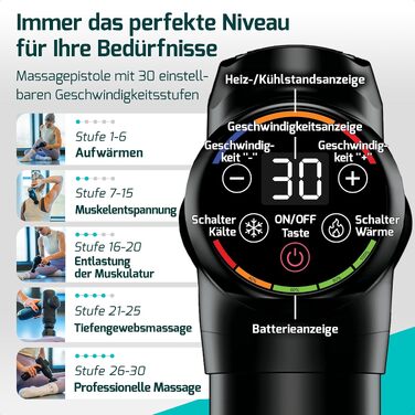 Перкусійний масажер FITAGE Massage Gun: безшумний електромасажер для тіла з 30 рівнями швидкості та 8 насадками для глибокого масажу м'язів, спини та плечей, чорний