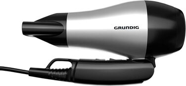 Компактний дорожній фен Grundig HD 2200 Sport & Reise, 1200 Вт, 2 режими температури та потоку повітря, складана ручка, сріблястий/чорний