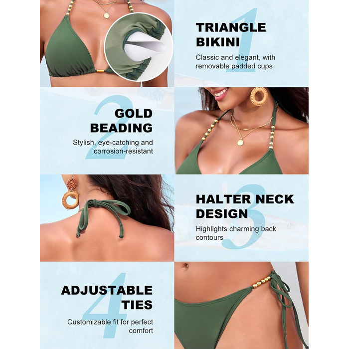Бікіні Triangel Daen з золотими перлами, топ-халтер з підтримкою та трусики-стрінг на зав'язки (ХAKI, XL)