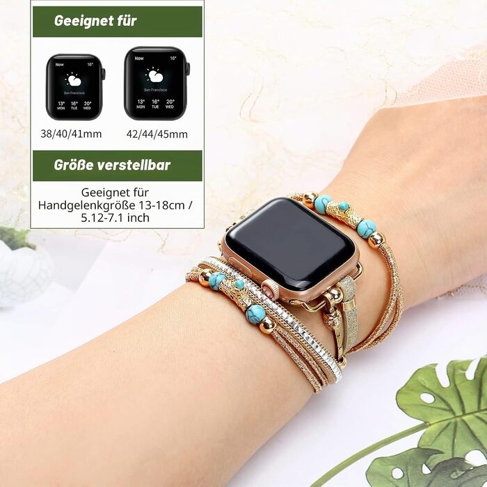 Шкіряний ремінець Boho для Apple Watch — багатошаровий браслет для жінок та чоловіків, сумісний з Series 11 10 9 8 7 6 5 4 3 2 1 SE Ultra 1 2 3, чорний, 38/40/41/42 мм