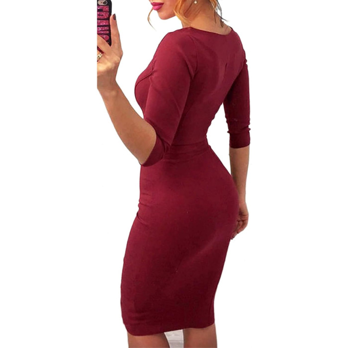Жіноче облягаюче міні-плаття OMZIN з глибоким вирізом та блискавкою, бордовий (M)
