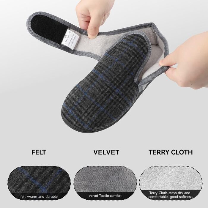 Чоловічі теплі домашні капці TIESTRA для літніх людей з Memory Foam, широка стопа, флісові тальпочки з липучкою (41 EU, сірі в смужку)