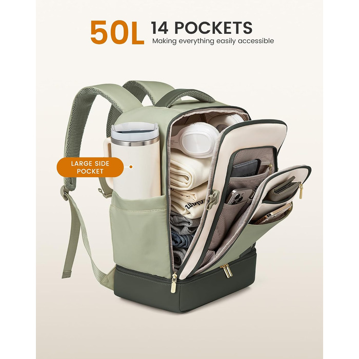 Дорожній рюкзак LOVEVOOK 50L для жінок з окремим відділенням для взуття, вологостійким відсіком та функцією ручної поклажі (Бежево-зелений, комплект 3 шт)