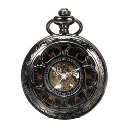 Чоловічий кишеньковий годинник ShoppeWatch з ланцюжком, механічний з ручним заводом, вінтажний стиль стімпанк (чорний)