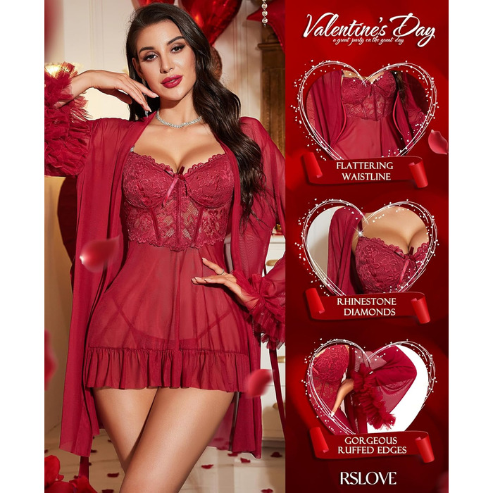 RSLOVE Комплект сексуальної білизни для жінок - мереживний комплект ніжної білизни Babydoll з халатом, 2-частинний, Negligee, нічна сорочка, бордовий