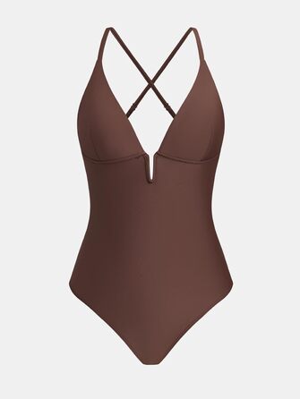 CUPSHE Купальник жіночий з V-подібним вирізом, глибоким вирізом на спині, з перехрещуванням на спині, фігуроформний, цілісний, колір шоколадний (S)