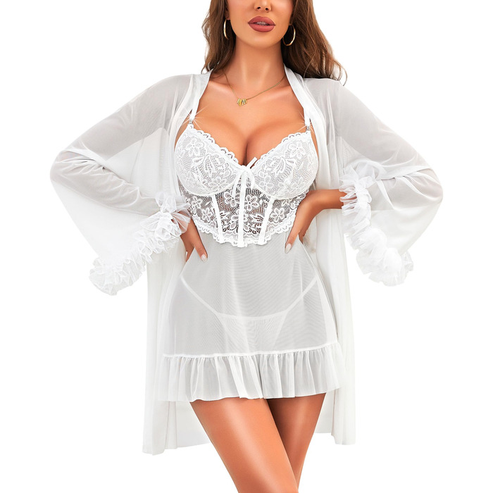 RSLOVE Сексуальна білизна комплект для жінок - мереживна нічна сорочка-бабідол з халатом, 2-х частинний набір, нічна сорочка (XL, Білий)