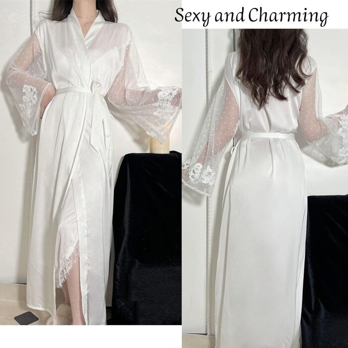 Шовковий халат-кімоно Lang Satin Sexy для жінок: елегантний халат з мереживом та паєтками для вечірки, весілля, нареченої або дружки. Довгі рукави, Patchwork, ніжні кольори.