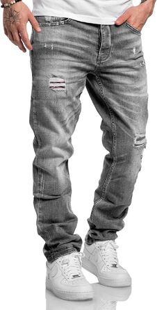 Чоловічі джинси Amaci&Sons Regular Straight Fit з ефектом Destroyed, сірі (Patches), розмір 38W/32L