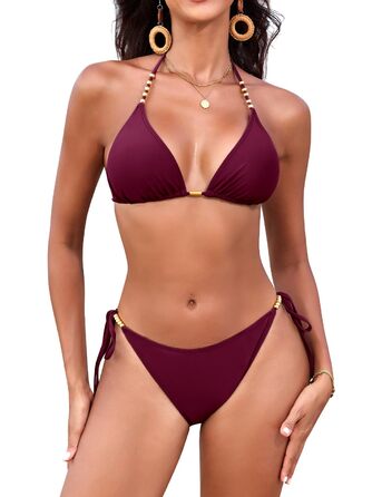Бікіні жіноче Triangel з золотими перлами, топик халтер з пом'якшувачами та стринги, трусики на зав'язках, фуксія, M