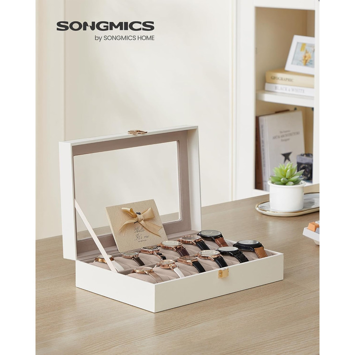 Бокс для годинників SONGMICS на 12 слотів зі скляною кришкою та знімними подушками, шкіряний органайзер (PU-шкіра, білий/бежевий), JWB12B