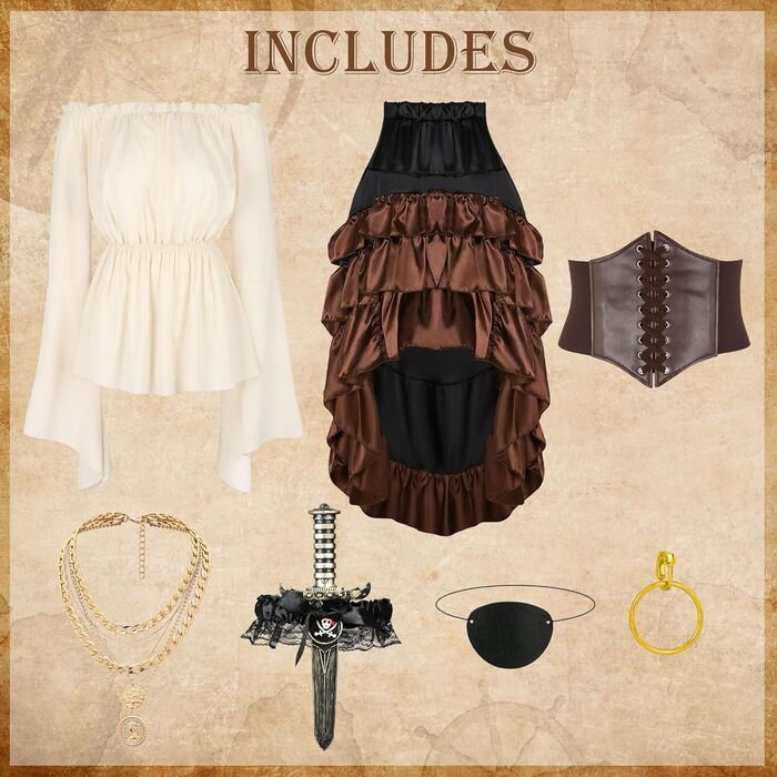 Костюм пірата для хлопчика: корсет у стилі Ренесансу, спідниця стимпанк, топ, аксесуари пірата, повний комплект для Хелловіну (M, Коричневий)