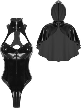 Латексний боді з капюшоном та лакованим шкіряним покриттям для жінок, готичний костюм, чорний, XL