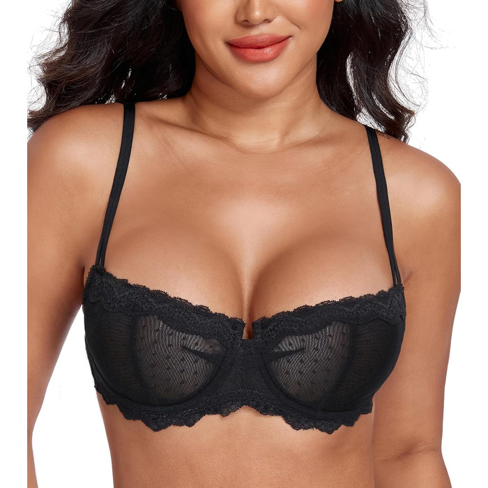 Дизайнерський бюстгальтер Lemorosy для дівчаток Dirndl з кісточками Push Up мереживний Balconette напівчашка прозорий бюстгальтер 75E чорний