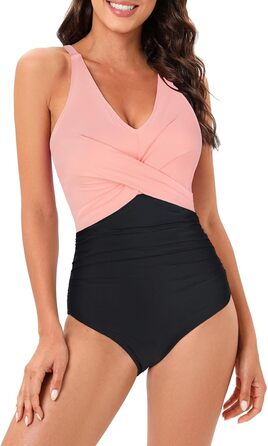 Спортивний купальник для жінок, суцільний, з Push-Up, для корекції живота, рожево-чорний (44)