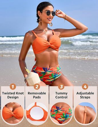 БІКІНІ ЖІНОЧИЙ СЕКСИ: комплект з високою талією, push-up, з V-подібним вирізом, двокомпонентний, для плавання та відпочинку (Оранжевий принт, розмір S)