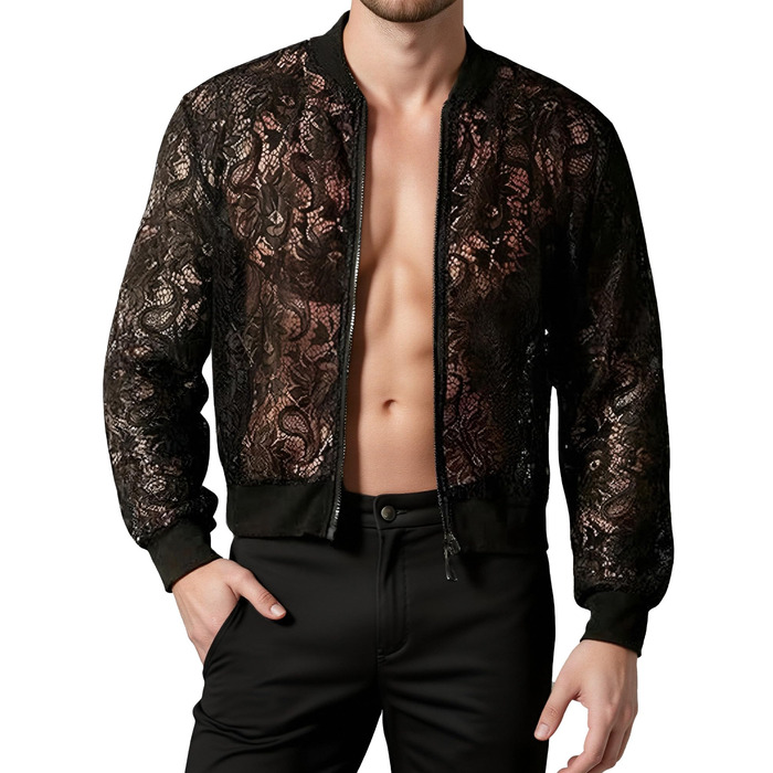 Чоловіча мереживна куртка AIEOE з довгим рукавом, сітчаста сорочка, топ для вечірок, клубної моди, прозора блейзер, сітчаста сорочка для нічного клубу, карнавалу, чорного кольору