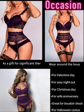 ЕVELIFE Комплект нижньої білизни для жінок: бюстгальтер та труси (3 шт.) - мереживний комплект, висока талія, стрінги (36, фіолетовий)