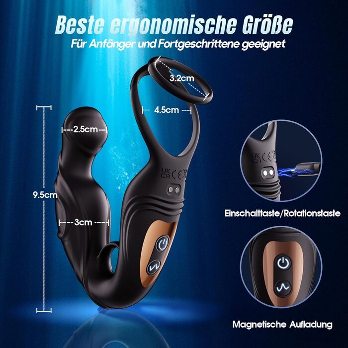 Вібратор анальний для чоловіків з простатичною стимуляцією, 360° обертання, 9 режимів вібрації, кільце для пеніса, керування через додаток