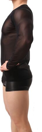 Чоловіча прозора чорна майка з довгим рукавом - нічна сорочка, сексуальна білизна, обтисла футболка з еластичних волокон, чорна майка-сітка L-XL