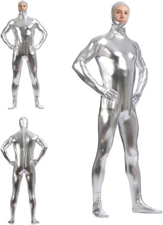 Сексуальний латексний catsuit з відкритим обличчям, блискавка, комбінезон для клубу, Хелловін, срібний, L