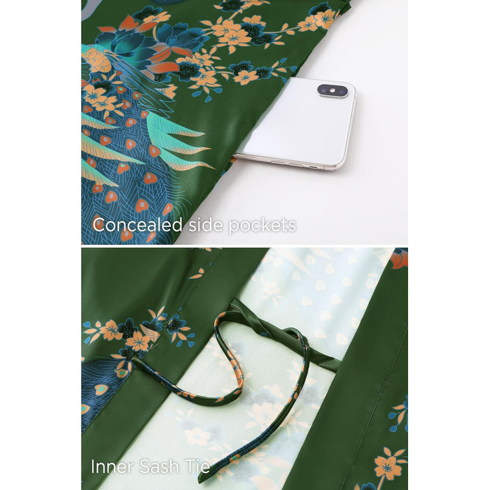 Халат жіночий шовковий, максі, літній, з квітковим принтом, кімоно, довгий, для дому, вечірки, універсальний розмір, бронзово-зелений