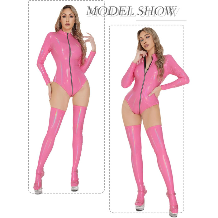 Танцювальний комбінезон з еластичної шкіри Wetlook: блискучий боді, catsuit, латексний трикотаж для вечірок та клубів, XS-XL (Білий, Рожевий, M)