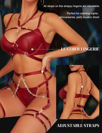 Сексуальний комплект нижньої білизни з бретельками для жінок, 7 частин: бюстгальтер з кісточками, трусики, панчохи, гетри, нагольник, ласий ланцюжок, червоний колір