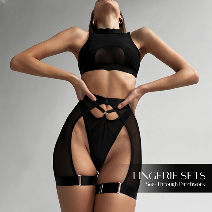 YOMORIO Комплект сексуальної білизни для жінок: боді, нічна сорочка, стрінги, чорний