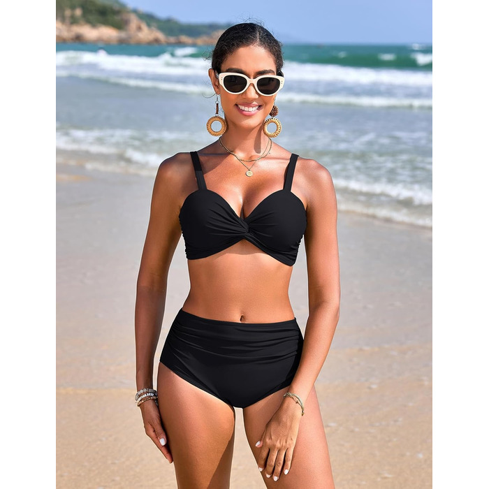 БІКІНІ жіночий комплект з високою талією, шорти з животом, пуш-ап, двочастинний купальник, сексуальний V-подібний виріз, модна пляжна мода, чорний