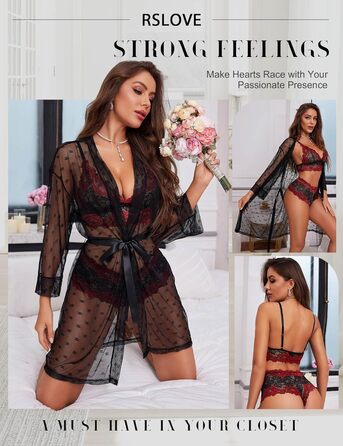 RSLOVE Комплект сексуальної білизни 3 частини: мереживний кімоно, бюстгальтер та труси (S, чорний, червоний)