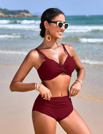 БІКІНІ ЖІНОЧИЙ ДВОШТУЧНИЙ З ВИСОКОЮ ТАЛІЄЮ, ПУШ-АП, З V-ПОДІБНИМ ВИГІНОМ, БУРГУНДІ, M