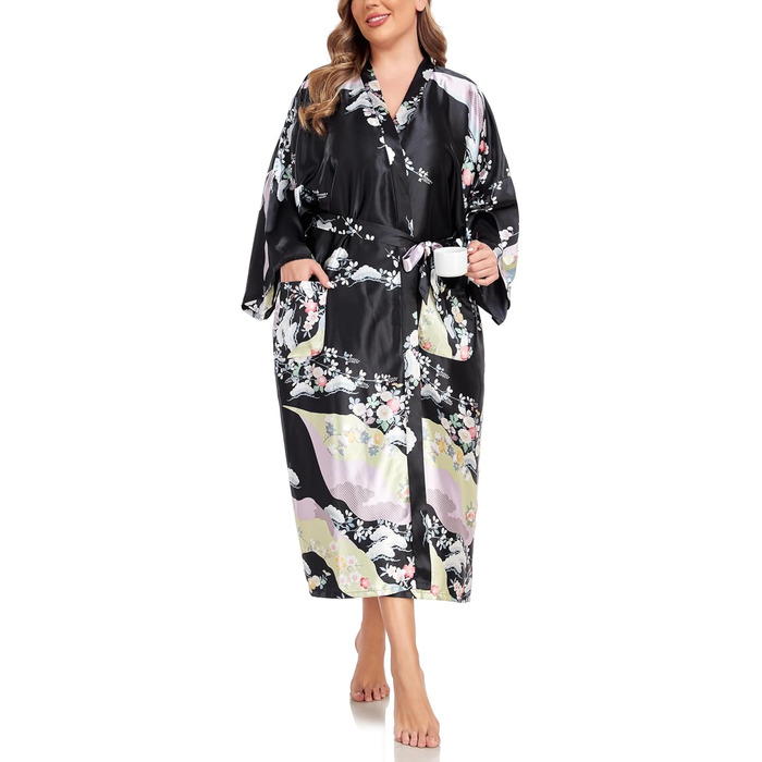 Кимоно халат для жінок, великі розміри, сатин, квітковий принт, чорний, XL