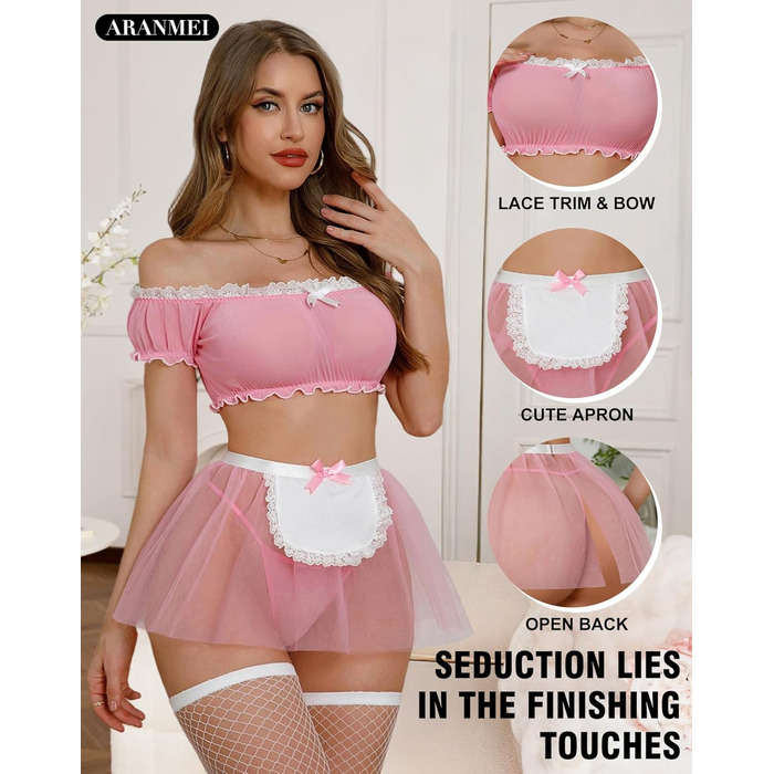 Сексуальна білизна Aranmei для жінок, мереживна, прозора, комплект для косплею, 4-х частинний (з панчохами), рожевий, XL
