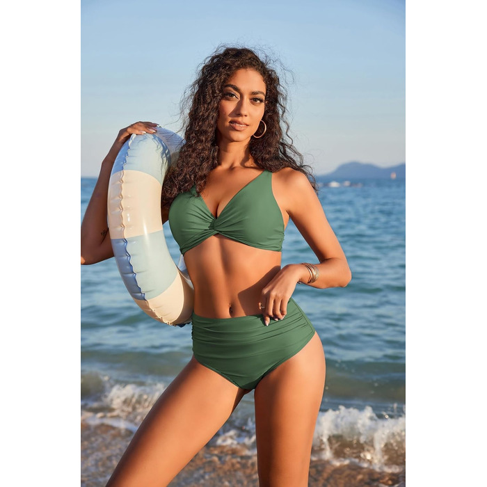 Бікіні Ecouaer для жінок: комплект з високою талією, корегуючий ефект, push-up, двокомпонентний, армійного кольору (L)