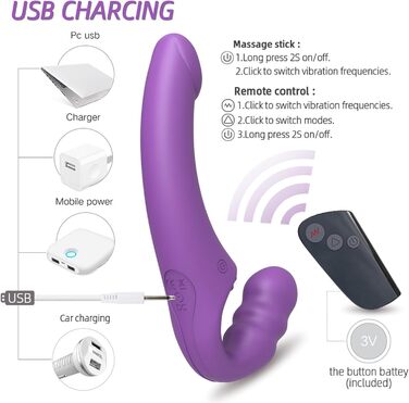 Вібратор для пар з двома головками та пультом керування - 15 режимів, для стимуляції клітора та G-точки, фіолетовий